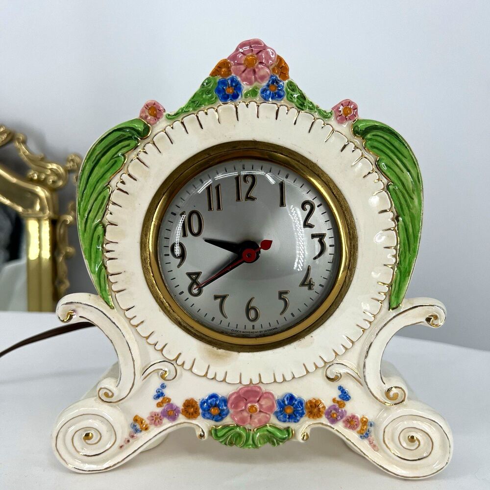 Vintage Sessions Electric Mantel Clock Floral Ceramic Gold Trim Not Working